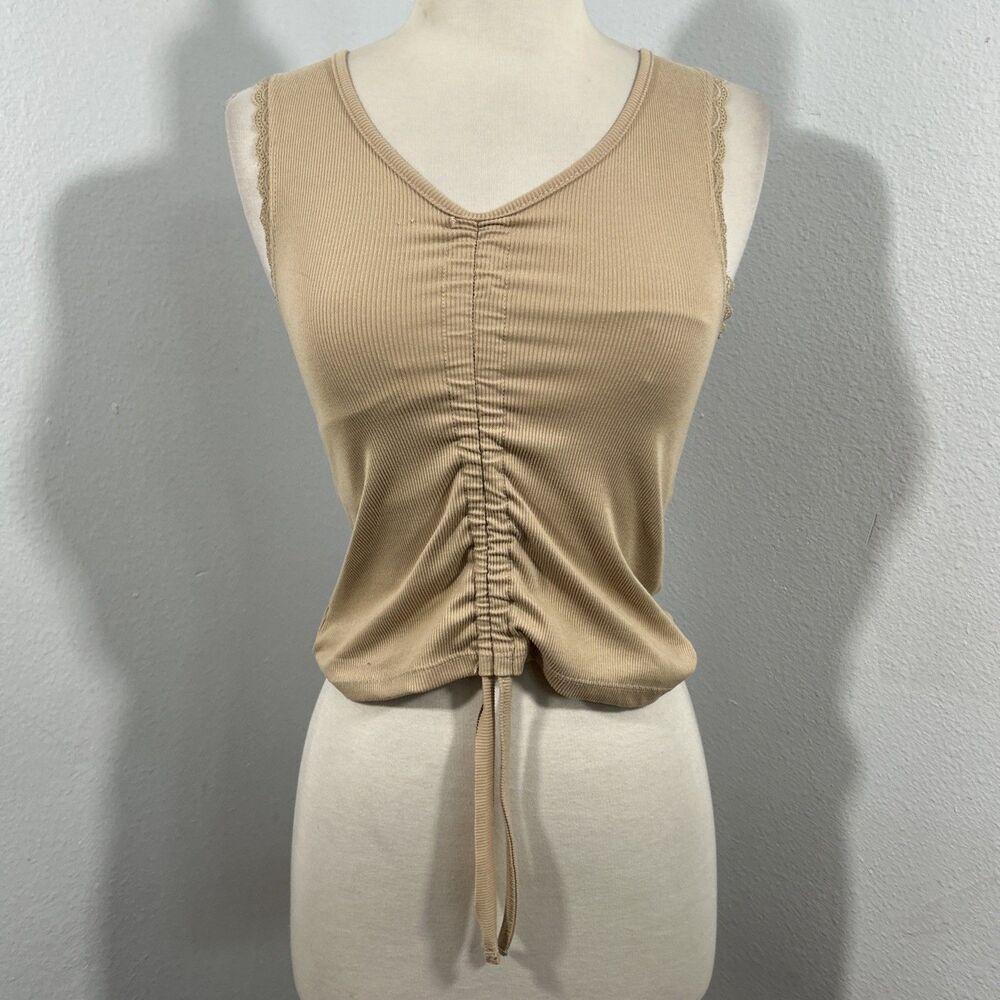 Crop Tank Top Womens S Beige Ruched Casual Layering Piece Ribbed Y2K